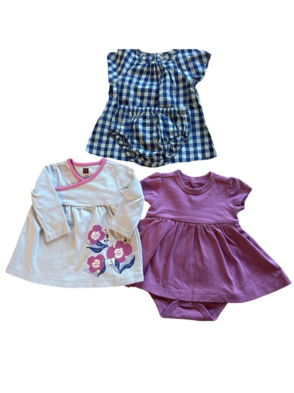 3 Cotton Dresses, 2 Primary & 1 Tea in Blues, Floral, & Purple (3 for $12 item)